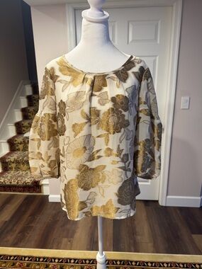 Talbots Floral Metallic Puff-Sleeve Women’s Top in Gold and Cream